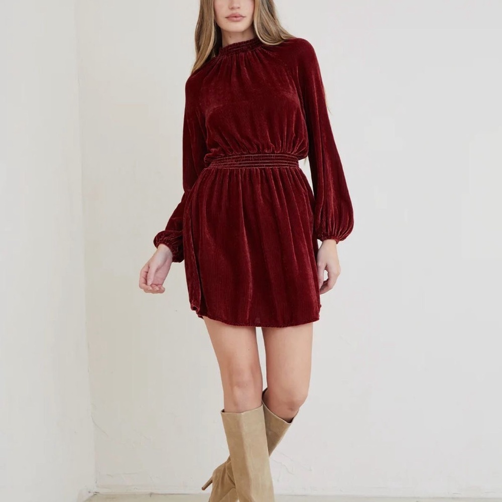 Bella Dahl Ribbed Silk Blend The Ruby Velvet Smocked Raglan Mini Dress Sz Small